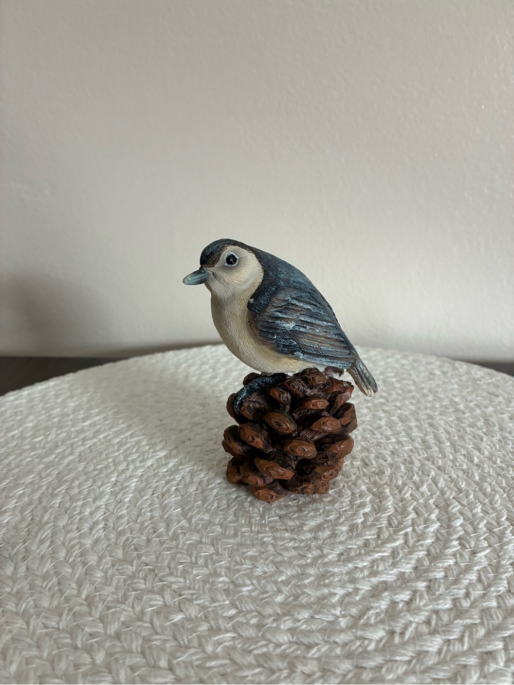 Decorative Gray and Cream Bird Figurine on Pinecone - Pet Bird Décor